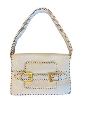 Vintage Fendi 2-Way Convertible Whipstitch Baguette Shoulder Bag Ivory Leather